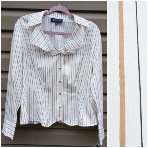 Jones New York Tops - Jones New York Sz L Blouse White Gold Ruffle Neck